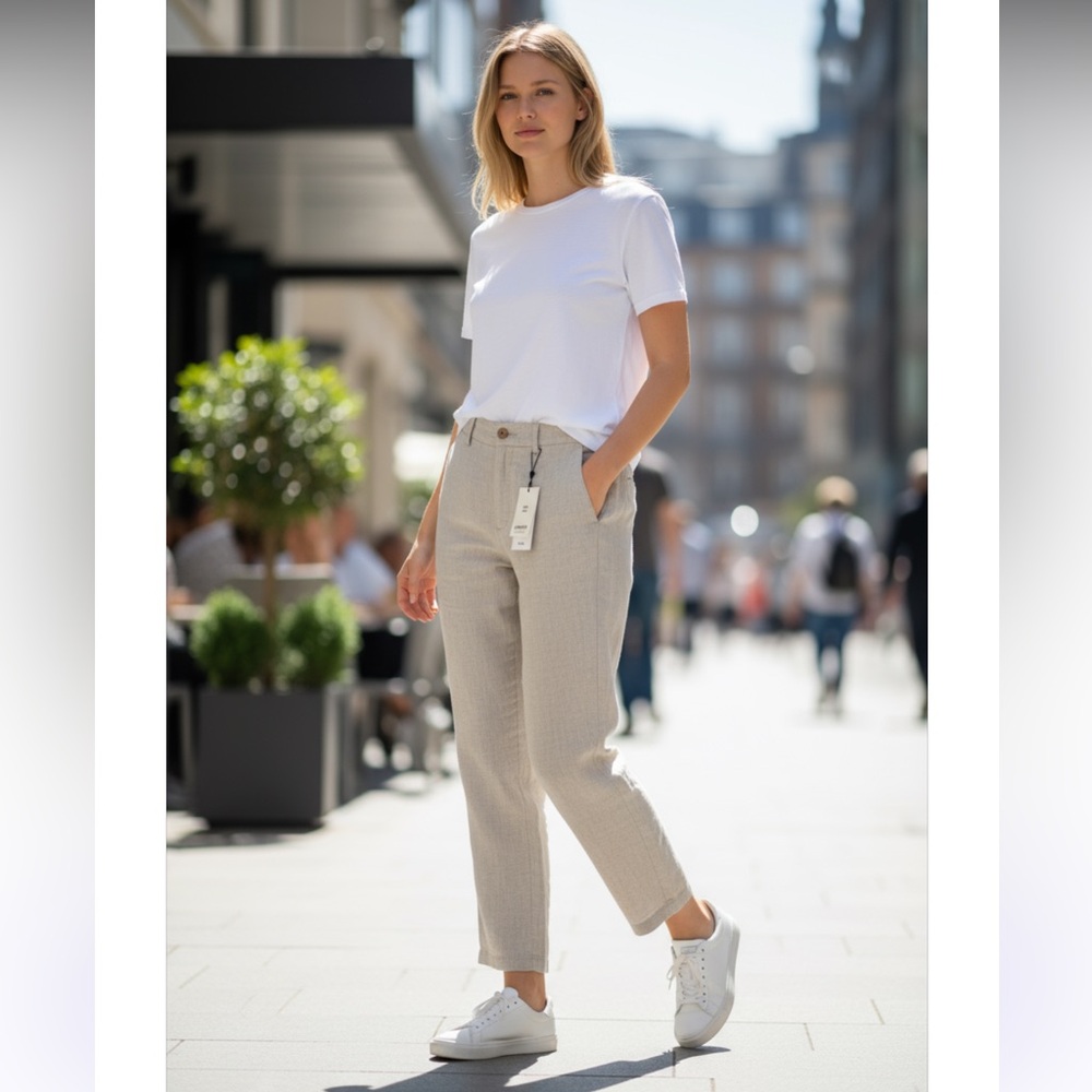 NWT MNG Mango  100% Linen Pant In Color Beige / Taupe SZ-34 Pocket